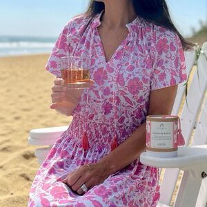 Cabana Life UPF 50+ Pink Floral Smocked Maxi Dress Tassel Resort Medium